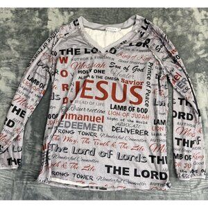 Misslook Womens Large Jesus Print Long Sleeve Top V-Neck Shirt